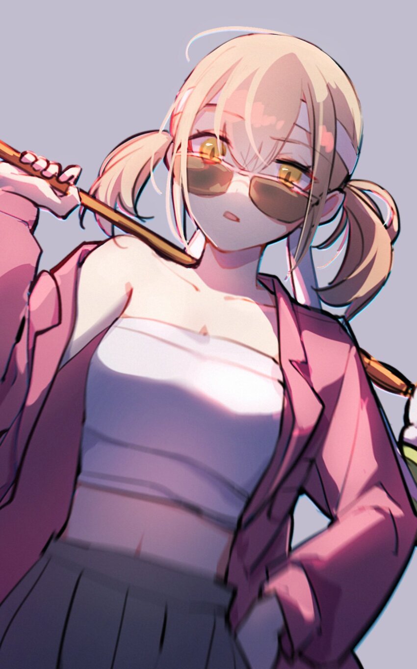 1girl azusawa_kohane bare_shoulders blonde_hair blush breasts brown_hair chest_sarashi collarbone grey_background grey_skirt hachimaki hair_between_eyes headband highres jacket jingzhaowhale long_sleeves looking_at_viewer navel open_mouth pink_jacket project_sekai sarashi short_twintails simple_background skirt solo sunglasses twintails