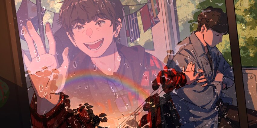 2boys ayano_gou blunt_bangs brown_hair closed_eyes closed_mouth commentary crossed_arms dora_pingu flag greek_flag hashtag-only_commentary highres hoshino_gen ibuki_ai male_focus miu404 moroccan_flag multiple_boys myanmar open_mouth philippine_flag rainbow shima_kazumi short_hair smile south_korean_flag symbol-only_commentary union_jack unworn_eyewear
