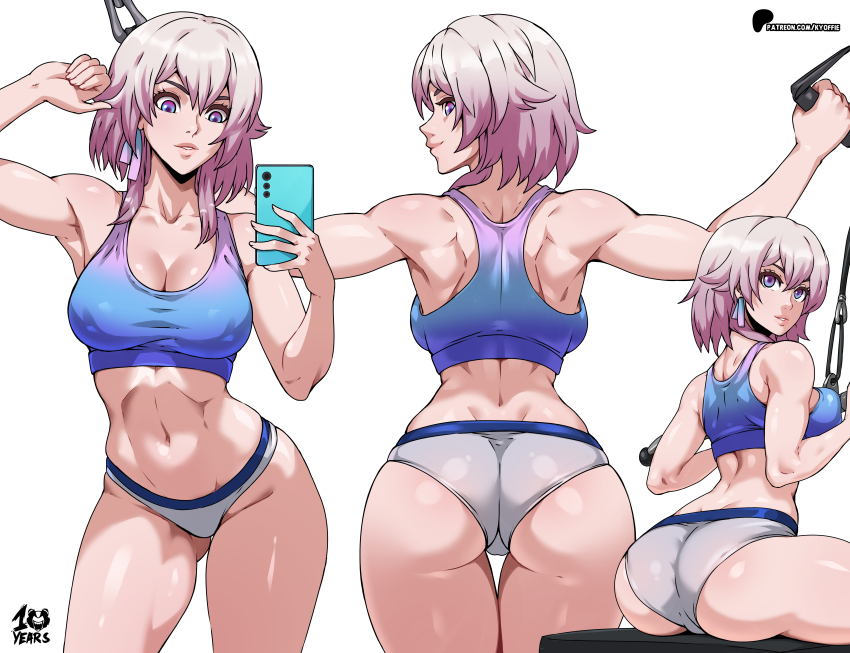 1girl absurdres ass bare_arms bare_shoulders breasts cellphone cleavage commentary cowboy_shot crop_top from_behind gradient_clothes grey_panties groin highres holding holding_phone honkai:_star_rail honkai_(series) kyoffie march_7th_(honkai:_star_rail) medium_breasts midriff multiple_views navel panties parted_lips phone pink_hair pink_lips purple_eyes short_hair simple_background sitting smartphone sports_bra standing stomach thighs underwear white_background