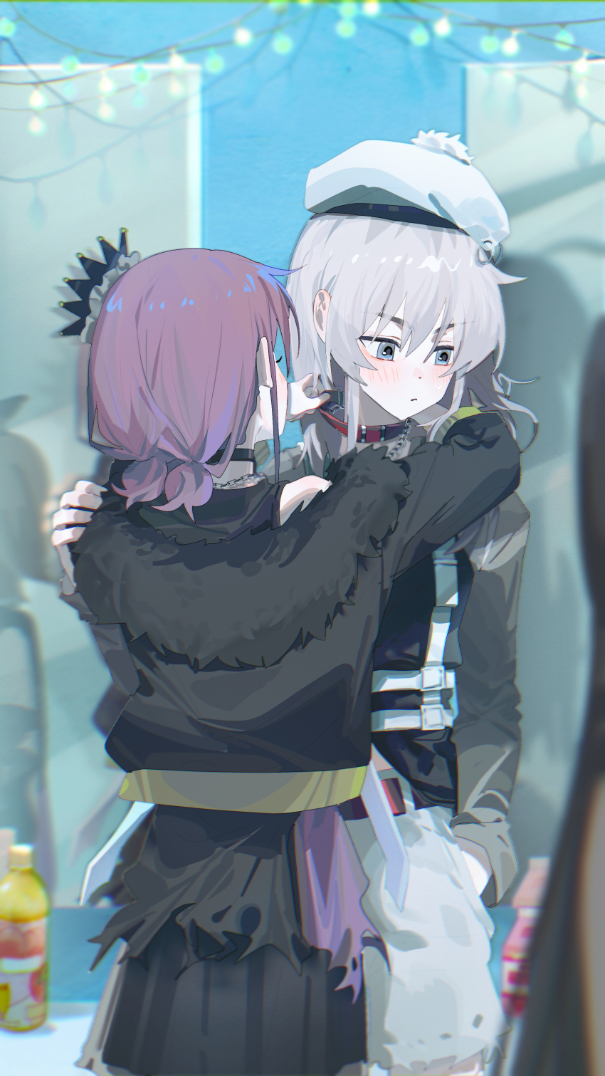4girls absurdres awa_subaru beret black_choker black_jacket black_skirt blush brown_hair choker closed_mouth collar commentary crown ebizuka_tomo english_commentary girls_band_cry grey_eyes grey_hair grey_jacket hat highres iseri_nina jacket kawaragi_momoka long_hair low_twintails mini_crown multicolored_hair multiple_girls red_collar roots_(hair) shadow short_hair short_twintails skirt twintails white_hat ydpfa yuri