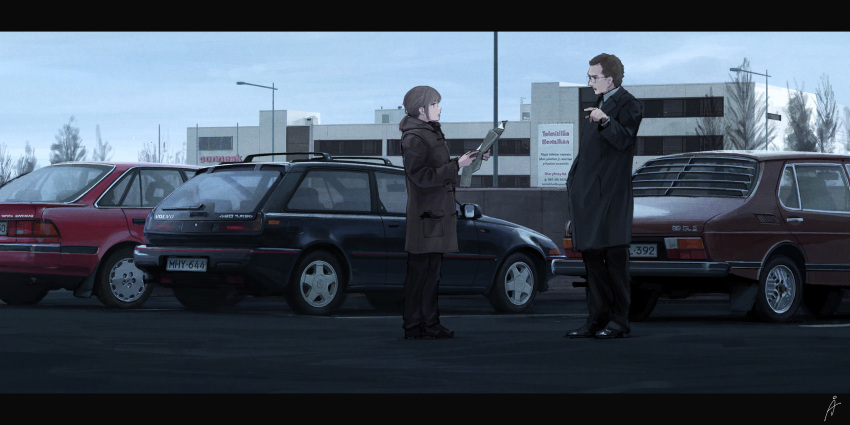 1boy 1girl black_coat black_footwear black_pants blue_sky brown_coat brown_hair car cloud cloudy_sky coat commentary_request day duffel_coat finland glasses highres holding holding_newspaper lamppost letterboxed license_plate long_hair long_sleeves looking_at_another motor_vehicle newspaper original outdoors pants parking_lot pointing ponytail rudeko32 saab saab_99 scenery shoes short_hair short_ponytail sky standing talking toyota toyota_carina volvo volvo_480