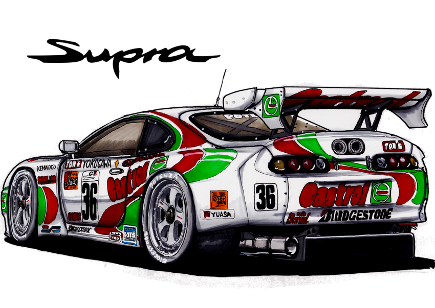 bridgestone car castrol commentary_request highres motor_vehicle no_humans original race_vehicle racecar simple_background spoiler_(automobile) super_gt takashi_mamiya toyota toyota_supra toyota_supra_mk_iv vehicle_focus white_background