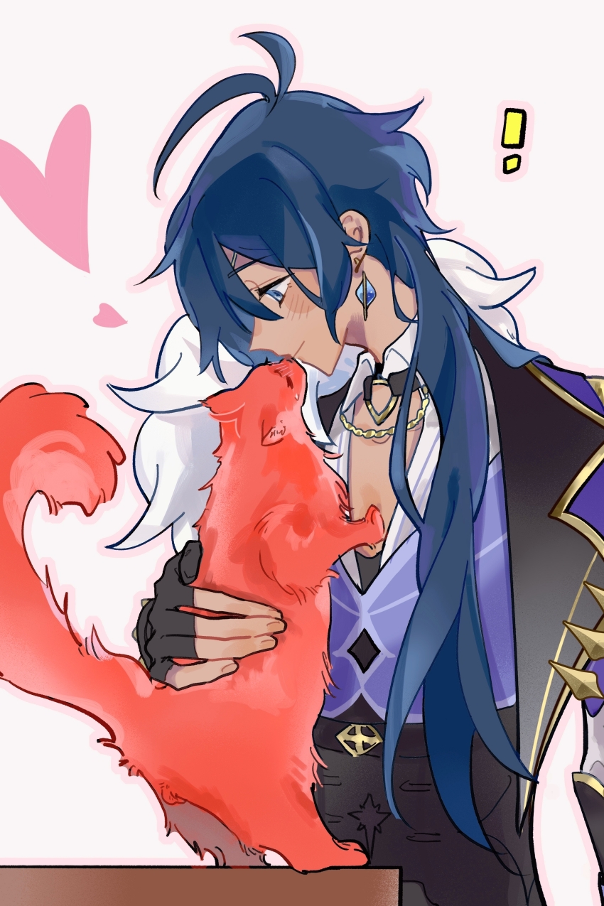 ! 1boy absurdres animal animalization black_gloves blue_eyes blue_hair blue_shirt blush cat chinese_commentary closed_mouth commentary_request dark-skinned_male dark_skin diluc_(genshin_impact) earrings fingerless_gloves genshin_impact gloves gold_trim heart highres jewelry kaeya_(genshin_impact) kiss kissing_animal lapels long_hair male_focus notched_lapels pink_background shirt smile sweat yaoi zhi_bihu