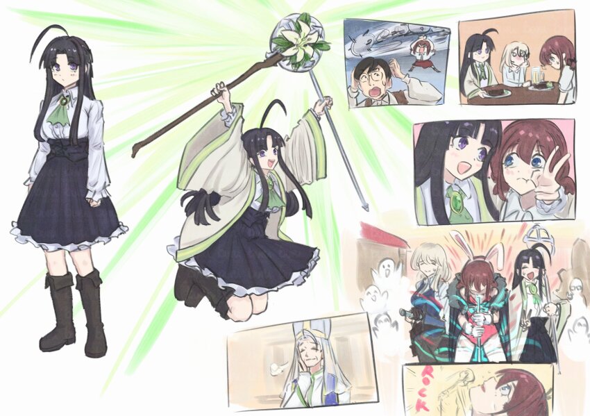1boy 3girls ahoge animal_ears awa_subaru black_boots black_gloves black_hair black_skirt boots center_frills classroom commentary fake_animal_ears frills girls_band_cry gloves grey_hair hair_ribbon highres holding holding_staff holding_sword holding_weapon iseri_nina kawaragi_momoka leotard long_hair multiple_girls parted_bangs people pink_leotard purple_eyes ribbon shirt sidelocks skirt staff sword tomare_(akashingou) tuxedo_shirt weapon white_ribbon white_shirt