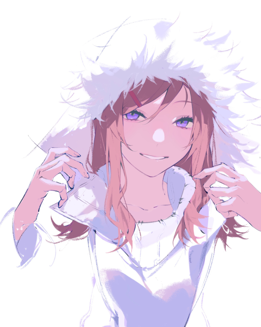 1girl absurdres azami_(nemurenu_hitsuji_to_kodoku_na_ookami) blending brown_hair clothes_grab commentary fur-trimmed_hood fur_trim grin hair_ornament hairclip half-closed_eyes hands_up highres hood hood_grab hooded_jacket jacket long_hair long_sleeves looking_at_viewer nemurenu_hitsuji_to_kodoku_na_ookami purple_eyes sidelocks simple_background smile solo sweater swept_bangs symbol-only_commentary turtleneck turtleneck_sweater tuzaixia upper_body white_background white_jacket white_sweater