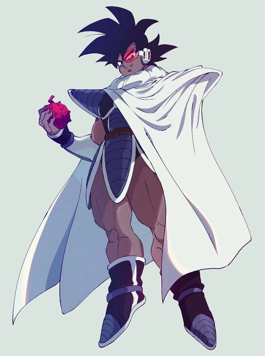1boy armor black_eyes black_hair boots brown_tail cape dark-skinned_male dark_skin dragon_ball dragonball_z food from_below fruit grey_background highres holding holding_food holding_fruit komesan_0212 looking_at_viewer looking_down male_focus monkey_boy monkey_tail muscular muscular_male purple_armor red-tinted_eyewear saiyan_armor scouter short_hair solo spiked_hair tail tail_around_waist tinted_eyewear tullece white_cape