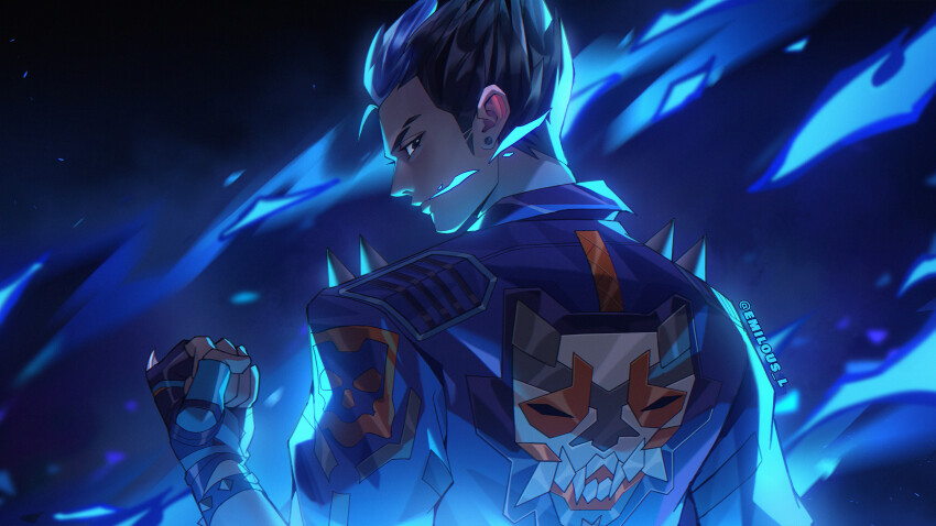 1boy animification blue_fire blue_jacket clenched_hand earrings emiruuu eyebrow_cut fingerless_gloves fire gloves highres jacket jewelry looking_at_viewer looking_to_the_side male_focus multicolored_hair short_hair signature solo spiked_hair spikes two-tone_hair valorant yoru_(valorant)