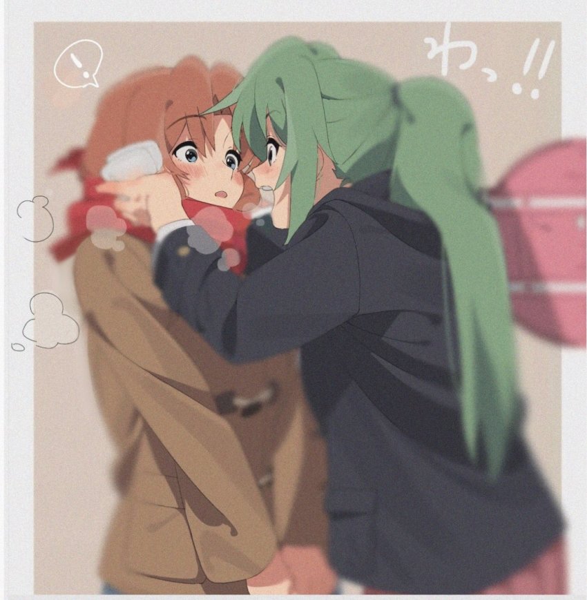 2girls aru_aru black_jacket blazer blue_eyes blush border brown_hair brown_jacket cowboy_shot eye_contact green_eyes green_hair hand_warmer higurashi_no_naku_koro_ni jacket looking_at_another multiple_girls pink_skirt ponytail red_scarf ryuuguu_rena scarf skirt sonozaki_mion tan_background v_arms white_border