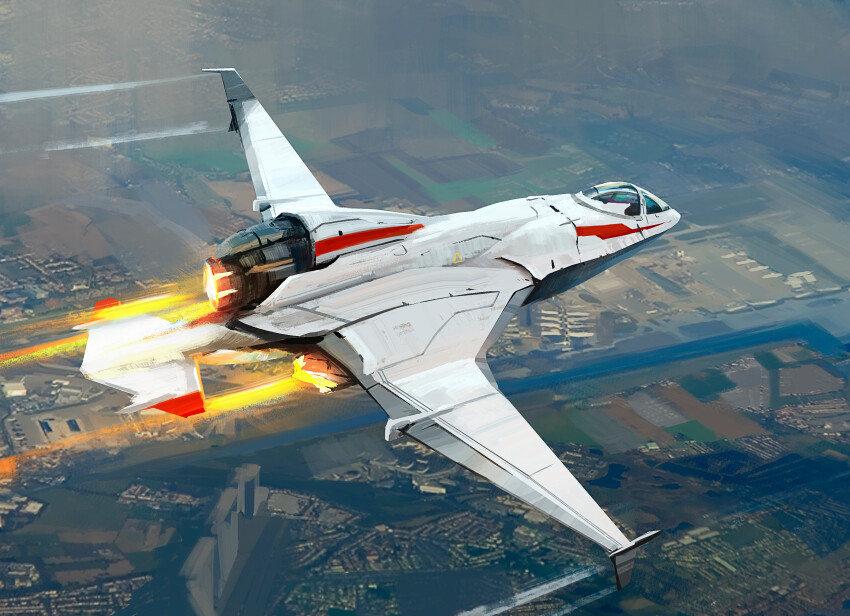 absurdres afterburner aircraft airplane alien aoki_uru building canal cityscape commentary contrail english_commentary fighter_jet flying highres honneamise_no_tsubasa military_vehicle official_style original realistic redesign river robots_r4 science_fiction thrusters