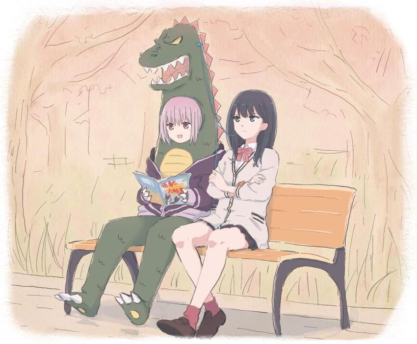 2girls animal_costume bench black_hair black_skirt blouse cardigan collared_shirt commentary_request crossed_arms earbuds earphones gridman_universe holding holding_magazine jacket kaiju light_purple_hair long_hair long_sleeves lyy magazine_(object) microskirt miniskirt multiple_girls outdoors park_bench purple_jacket reading scrunchie shared_earphones shinjou_akane shirt sitting sketch skirt sleeves_past_wrists socks ssss.gridman takarada_rikka white_cardigan white_shirt wrist_scrunchie