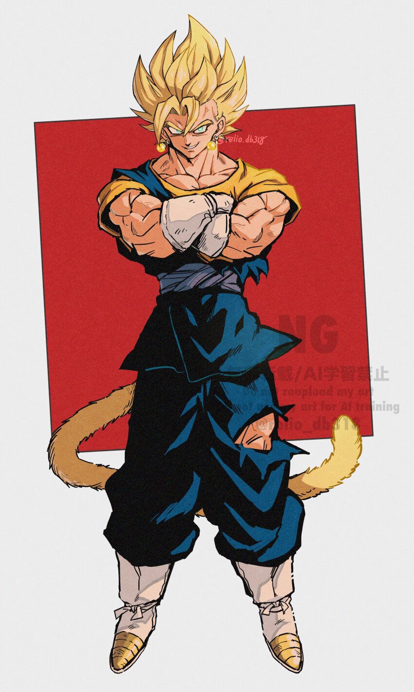 1boy absurdres adapted_costume blonde_hair blue_pants blue_tunic boots border crossed_arms dragon_ball dragonball_z full_body gloves highres medium_hair monkey_tail muscular muscular_male orange_shirt pants red_background relio_db318 shirt simple_background solo spiked_hair super_saiyan super_saiyan_1 tail torn_tunic tunic vegetto watermark white_boots white_border white_gloves yellow_tail