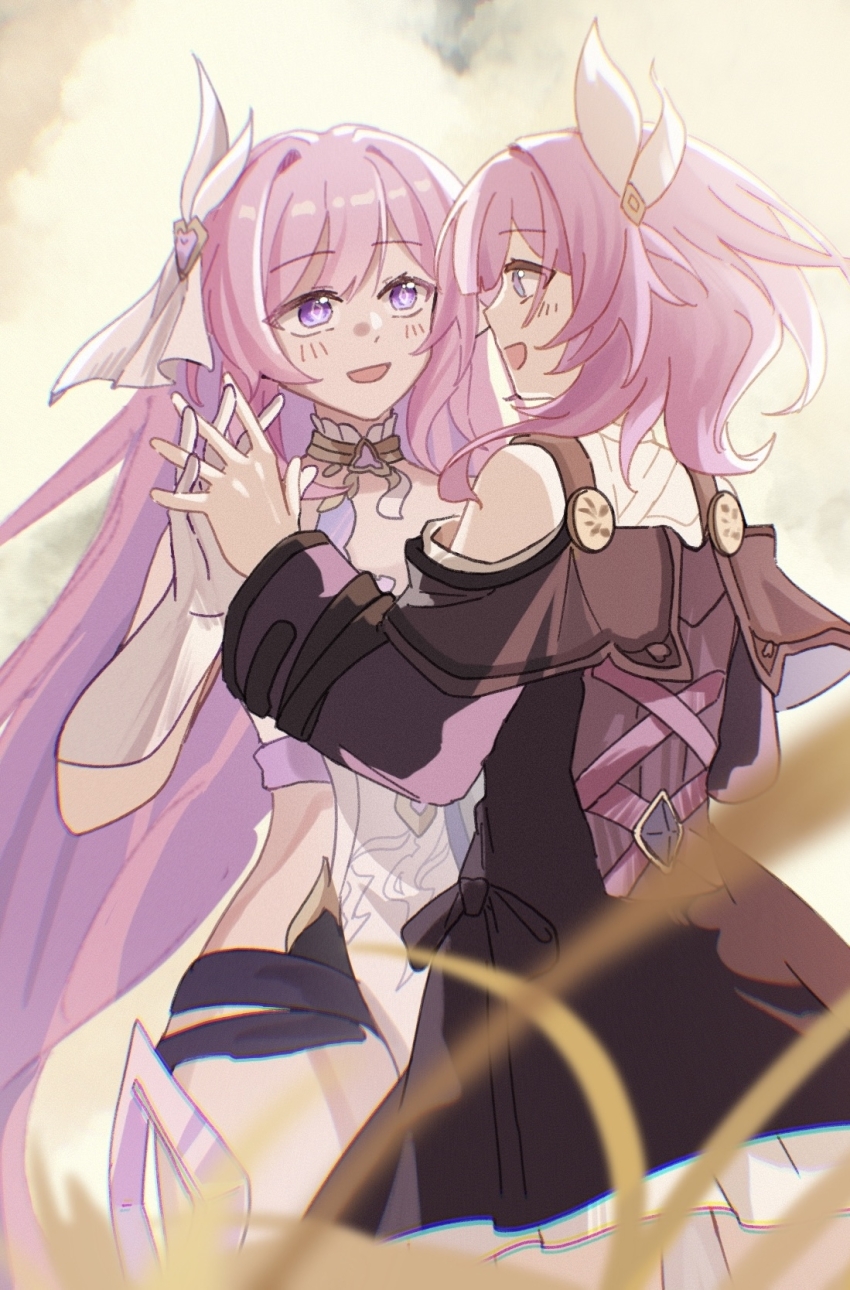 2girls :d black_dress chinese_commentary clothing_cutout cloud commentary_request cyrene_(honkai:_star_rail) dress elysia_(herrscher_of_human:_ego)_(honkai_impact) elysia_(honkai_impact) faber_fubei field gloves highres honkai:_star_rail honkai_(series) honkai_impact_3rd inoue_marina interlocked_fingers long_hair look-alike medium_hair multiple_girls open_mouth partial_commentary pink_hair purple_eyes shoulder_cutout smile very_long_hair voice_actor_connection white_gloves yanning