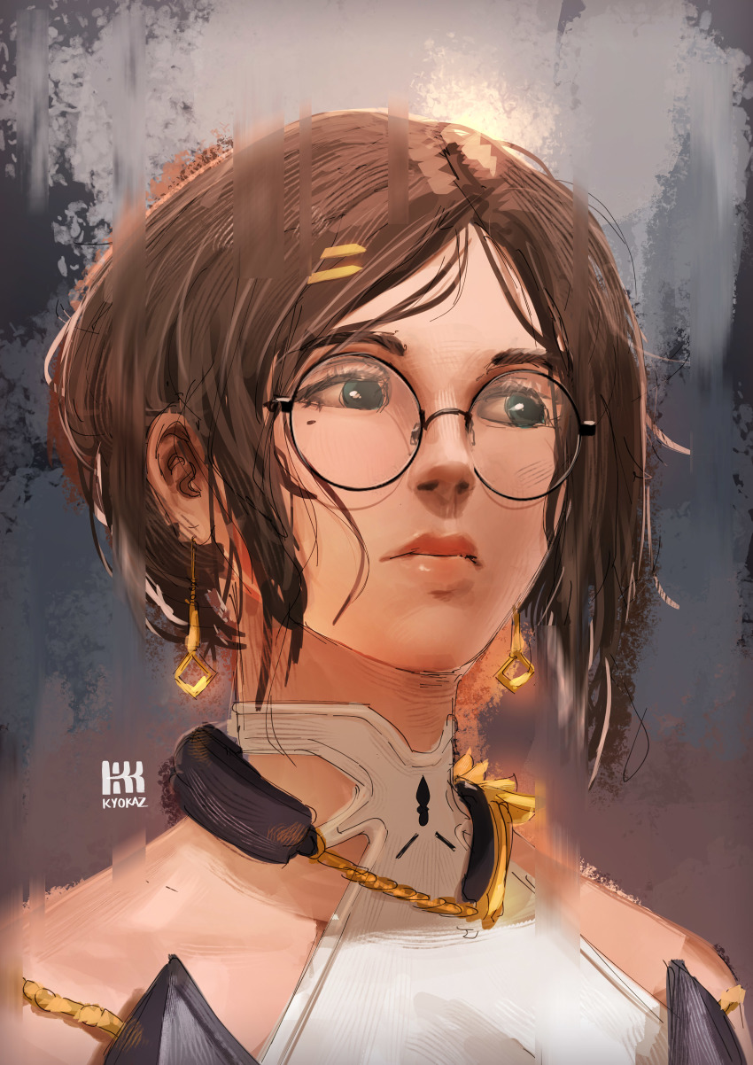 1girl absurdres artist_name bare_shoulders blurry brown_hair closed_mouth commentary commentary_request earrings english_commentary faiz_azhar glasses green_eyes grey_background highres jewelry lips mole mole_under_eye original portrait shirt short_hair sleeveless sleeveless_shirt solo white_shirt