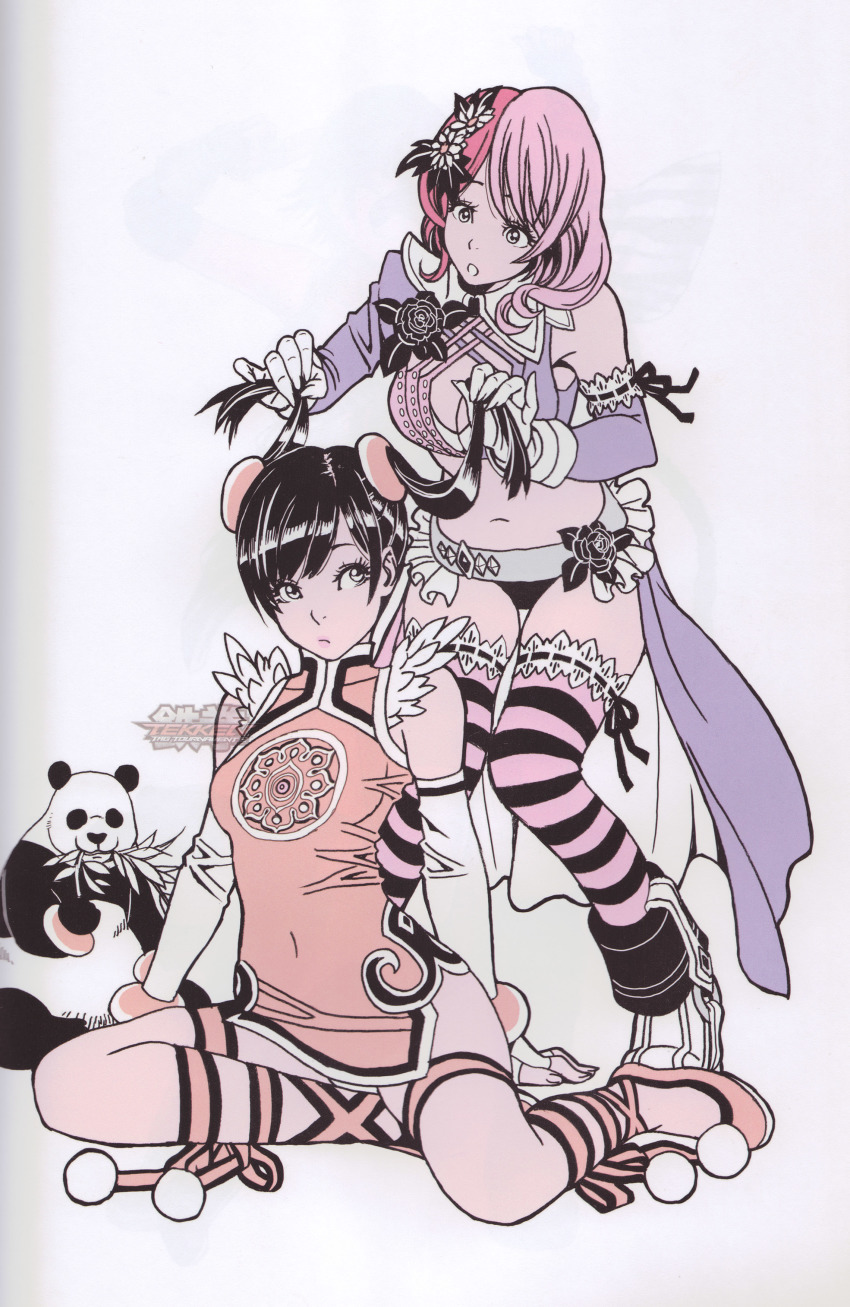 2girls absurdres alisa_boskonovich asymmetrical_clothes asymmetrical_sleeves black_hair breasts china_dress chinese_clothes cleavage dress elbow_gloves fingerless_gloves flats flower gloves hair_flower hair_ornament highres knees_together_feet_apart ling_xiaoyu medium_breasts midriff mismatched_sleeves multiple_girls namco non-web_source panda panda_(tekken) pink_hair playing_with_another&#039;s_hair short_dress showgirl_skirt sitting striped_clothes striped_legwear striped_thighhighs tekken tekken_7 tekken_blood_vengeance tekken_tag_tournament_2 thighhighs white_background yamashita_shun&#039;ya yokozuwari