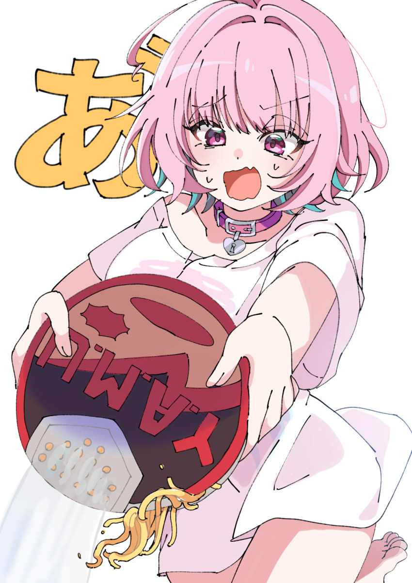 1girl ahoge aqua_hair belt_collar breasts collar collarbone cowboy_shot cup_ramen dot_nose fang feet food hair_intakes heart-shaped_lock heart_collar highres holding holding_food idolmaster idolmaster_cinderella_girls instant_soba leg_up looking_at_food multicolored_hair ngoyamagata noodles open_mouth pink_collar pink_eyes pink_hair shirt short_hair simple_background skeleton_print skin_fang solo sweat t-shirt thighs toes translation_request two-tone_hair water wavy_mouth white_background white_shirt yakisoba yakisoba_spill yumemi_riamu