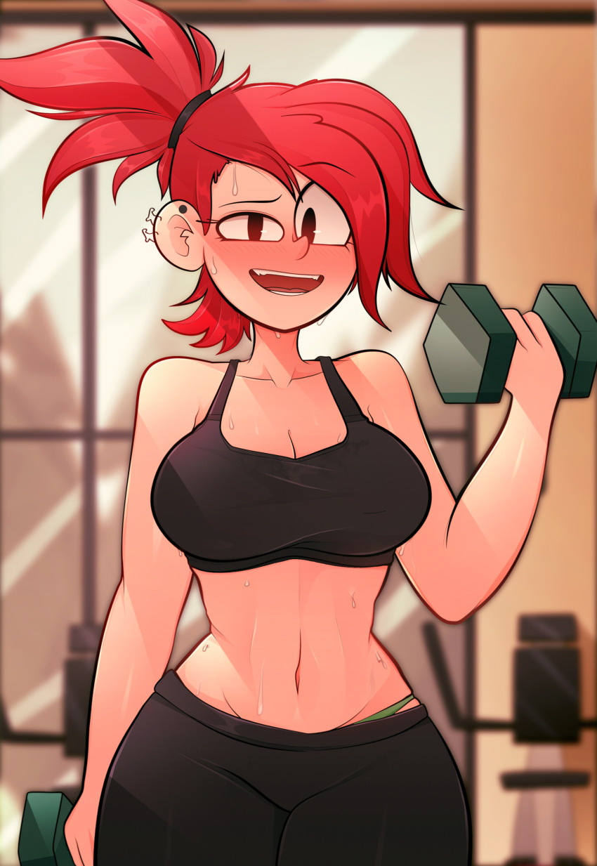 1girl absurdres arkeus_165 arm_at_side arm_up blurry blurry_background blush breasts cartoon_network cleavage collarbone ear_piercing exercising exercise_machine eyelashes foster&#039;s_home_for_imaginary_friends frankie_foster gym gym_uniform highres indoors large_breasts looking_at_viewer navel open_mouth piercing ponytail red_hair sports_bra sportswear stomach sweat teeth thigh_strap toon_(style) upper_body weightlifting weights window