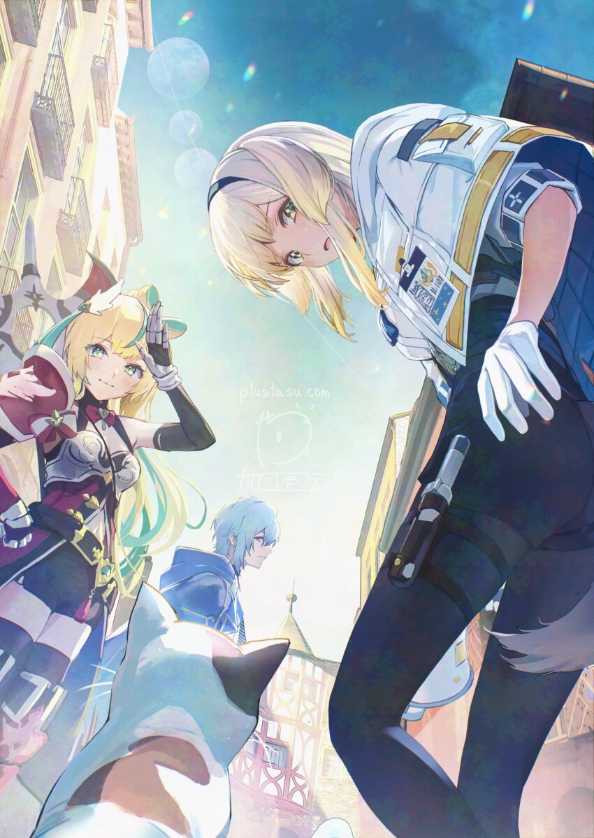 1boy 2girls animal_ears aqua_hair armor armored_boots axe baton_(weapon) battle_axe belt belt_buckle black_belt black_dress black_gloves black_hairband black_shorts black_thighhighs blonde_hair blue_belt blue_cloak blue_hair blue_pantyhose blue_shorts blue_sky blush boots bow bow-shaped_hair breastplate breasts buckle building capelet cat cleavage_cutout cloak closed_mouth clothing_cutout commentary_request day dog_ears dog_girl dog_tail double-sided_axe dress elbow_gloves from_below gloves gradient_hair green_eyes grey_hair hair_intakes hair_ornament hairband hand_on_own_hip hand_up high-waist_shorts highres holding holding_megaphone holster hood hood_down hooded_cloak house id_card kagawa_ichigo lens_flare long_hair looking_at_viewer looking_back looking_down medium_breasts medium_hair megaphone milan_kestrel mitarashi-dan mole mole_under_mouth multicolored_hair multiple_girls neck_tassel nijisanji open_mouth orange_ribbon outdoors pantyhose pantyhose_under_shorts pauldrons police police_uniform policewoman quilted_clothes red_boots red_bow red_dress ribbon salute shioriha_ruri shioriha_ruri_(1st_costume) shirt shirt_tucked_in short_shorts short_sleeves shorts shoulder_armor side_ponytail sidelocks sideways_glance single_pauldron single_vambrace sky sleeveless sleeveless_dress smile standing streaked_hair tachitsute_toto tachitsute_toto_(1st_costume) tail tassel thigh_holster thigh_strap thighhighs two-sided_capelet vambraces virtual_youtuber weapon weapon_on_back white_capelet white_gloves white_shirt