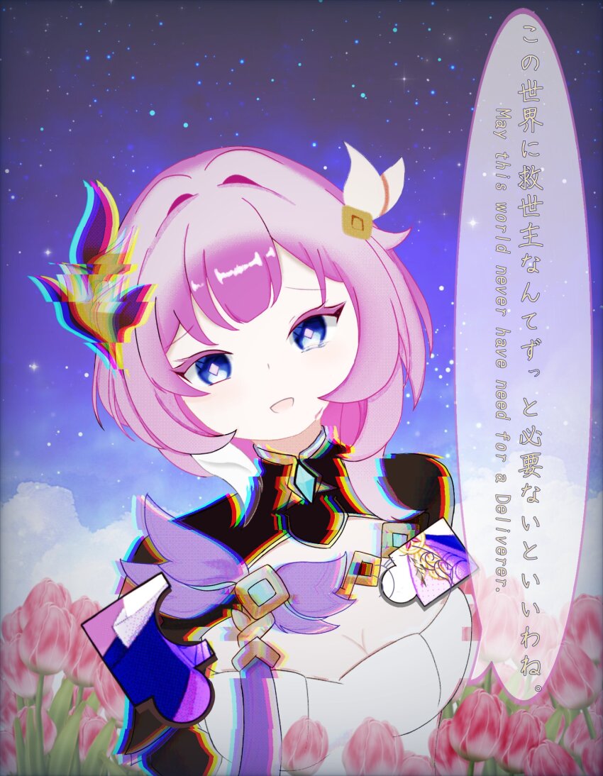 1girl akane_pentas bilingual_text blue_eyes breasts cleavage corset cosplay cyrene_(honkai:_star_rail) elysia_(honkai_impact) elysia_(honkai_impact)_(cosplay) elysia_(miss_pink_elf)_(honkai_impact) english_text field flower flower_field hair_ornament hashtag-only_commentary highres honkai:_star_rail honkai_(series) honkai_impact_3rd inoue_marina large_breasts mixed-language_text multicolored_hair night night_sky outdoors pink_flower pink_hair pink_pupils pink_tulip short_hair shrug_(clothing) sky solo speech_bubble star_(sky) starry_sky tulip two-tone_hair white_corset white_hair yanning