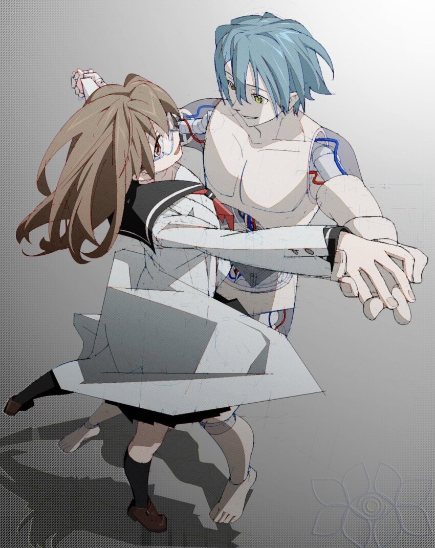 1boy 1girl android barefoot black_sailor_collar black_skirt black_socks blue_hair brown_footwear brown_hair coat completely_nude dancing face-to-face floating_hair foreshortening from_above full_body glasses grey_background grin highres holding_hands joints kneehighs lab_coat loafers long_hair looking_at_another looking_at_viewer looking_back mechabare microsoft_paint_(medium) neckerchief no_genitals nude open_clothes open_coat open_mouth orange_eyes original outstretched_arms pleated_skirt red_neckerchief robot_joints sailor_collar school_uniform see-through_body serafuku shadow shirt shoes short_hair skirt smile socks spread_arms standing standing_on_one_leg tiptoes tkwkai undershirt white_coat white_shirt yellow_eyes