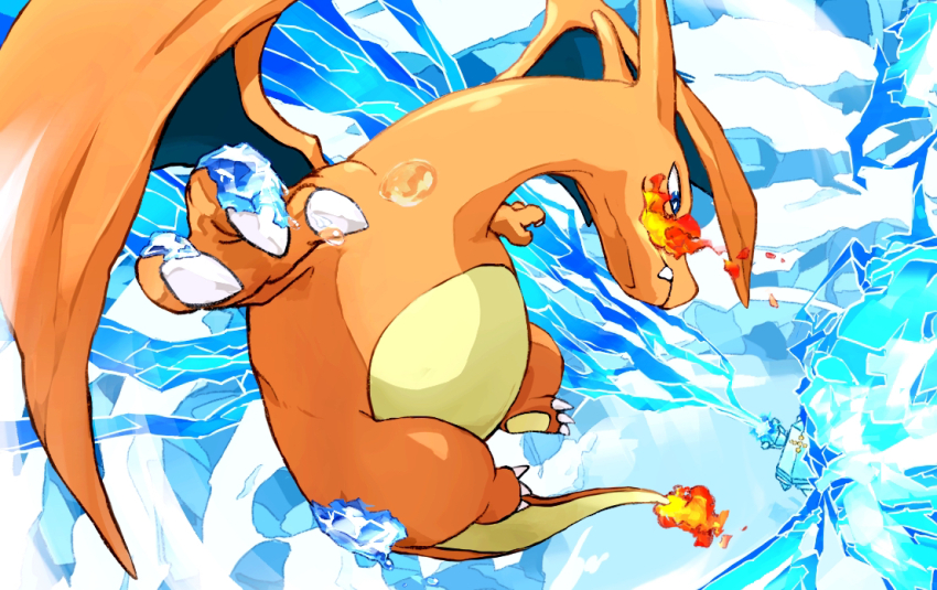 animal_focus aomon_(yuuji7604) battle charizard commentary_request creatures_(company) day fire flame-tipped_tail flying full_body game_freak gen_1_pokemon gen_3_pokemon ice legendary_pokemon nintendo outdoors pokemon pokemon_(creature) regice