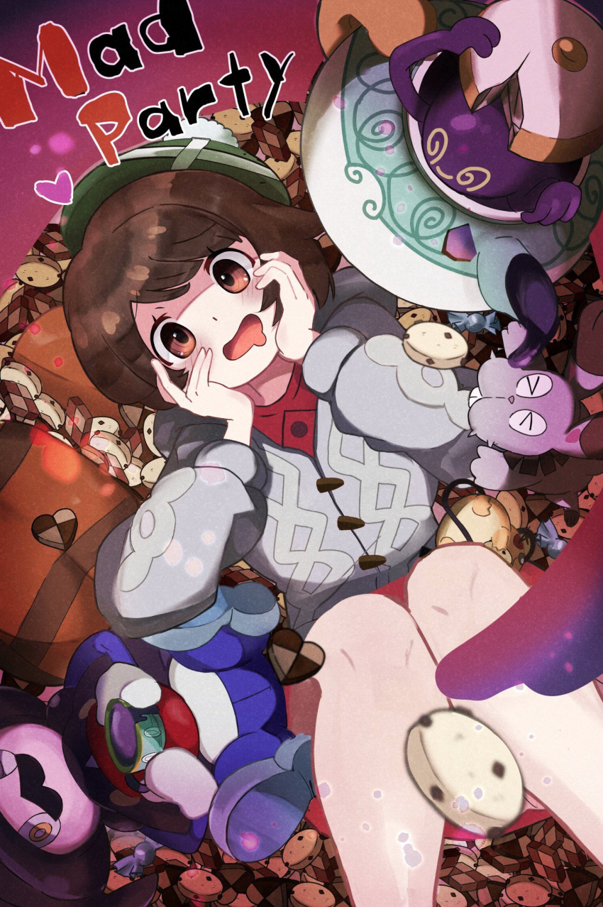 &gt;_&lt; 1girl brown_hair bunnelby commentary_request convenient_censoring cookie creature english_text flat_chest food game_freak gen_6_pokemon gen_8_pokemon gloria_(pokemon) green_headwear heart highres looking_at_viewer mr._rime nintendo pokemon pokemon_(creature) pokemon_swsh polteageist short_hair umiru