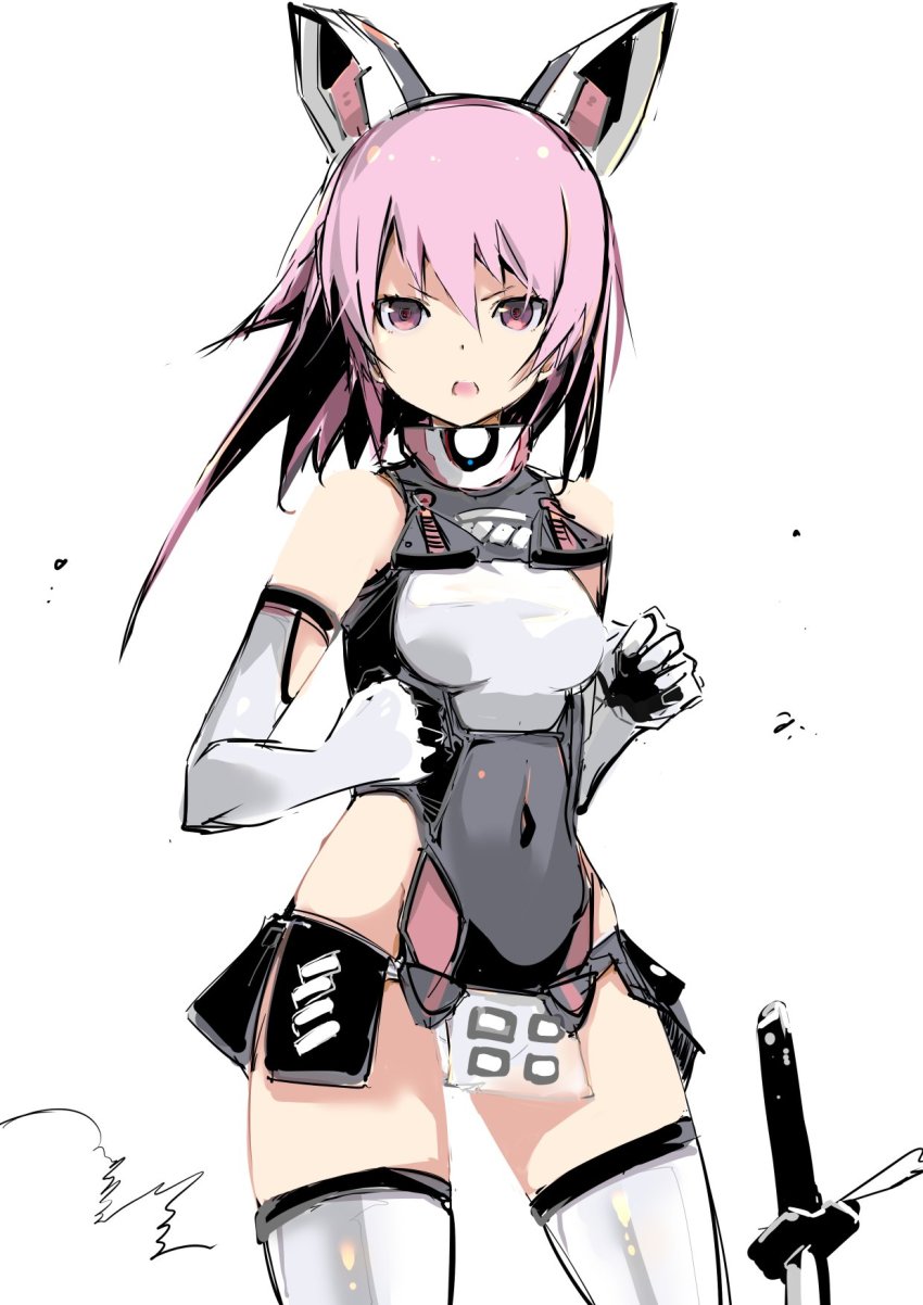1girl alice_gear_aegis bodysuit commentary_request cosplay elbow_gloves gloves highres hirasaka_yotsuyu navel open_mouth pelvic_curtain pink_eyes pink_hair simple_background solo sword weapon white_background white_gloves white_legwear yoto_(rinlin2)