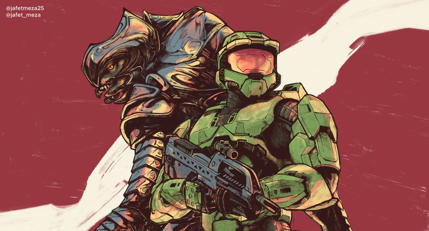 2boys alien arbiter armor back-to-back battle_rifle br55 bullpup gloves green_helmet greyscale gun halo_(series) halo_3 helmet highres holding holding_gun holding_weapon jafet_meza male_focus master_chief monochrome multiple_boys open_mouth power_armor rifle scene_reference spartan_(halo) thel&#039;vadam twitter_username weapon
