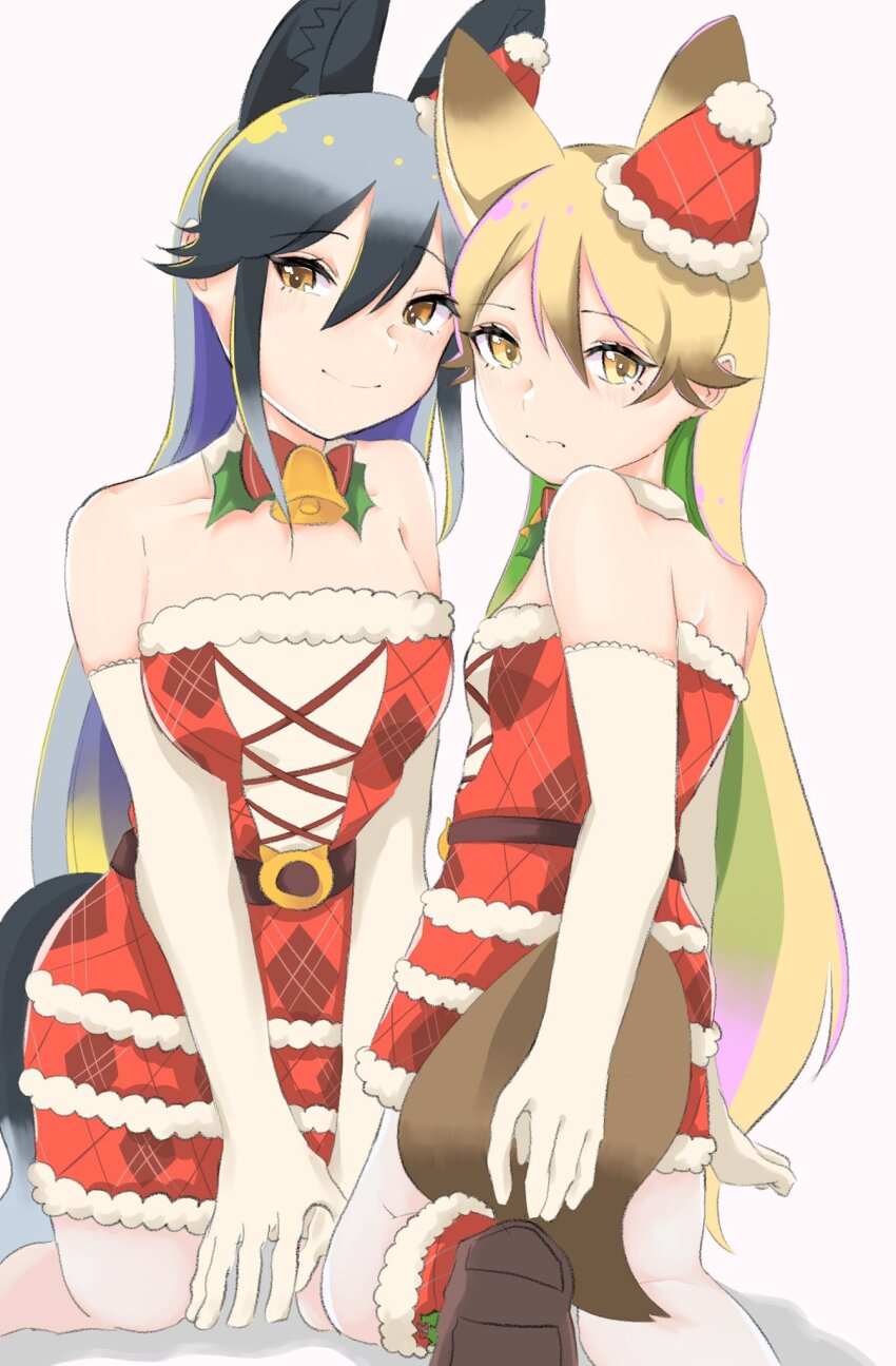 2girls alternate_costume animal_ears bare_shoulders bell bow bowtie brown_hair detached_collar dress elbow_gloves extra_ears ezo_red_fox_(kemono_friends) fox_ears fox_girl fox_tail frilled_gloves frills fur_collar fur_trim gloves gradient_hair grey_hair hair_between_eyes hat highres kamisamanosaba kemono_friends kneeling long_hair looking_at_viewer looking_back mini_hat mini_santa_hat multicolored_hair multiple_girls neck_bell orange_eyes orange_hair pantyhose plaid_clothes plaid_dress red_bow red_bowtie red_dress santa_costume santa_dress santa_hat sidelocks silver_fox_(kemono_friends) sleeveless smile tail white_fur white_gloves white_pantyhose
