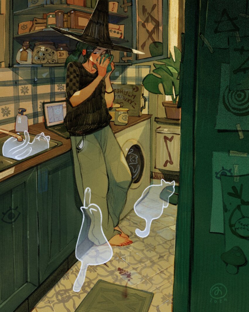 1girl artist_logo barefoot black_shirt bloody_footprints bowl bracelet cabinet cat checkered_sleeves closed_eyes commentary computer counter cup drinking english_commentary eyeball feet ghost green_hair hat highres holding holding_cup interior jar jewelry kitchen laptop logo long_hair original ouija pants pet_bowl phone_in_pocket plant potted_plant rug runes shirt simz sink slice_of_life soap_dispenser standing tile_floor tiles toes washing_machine witch_hat