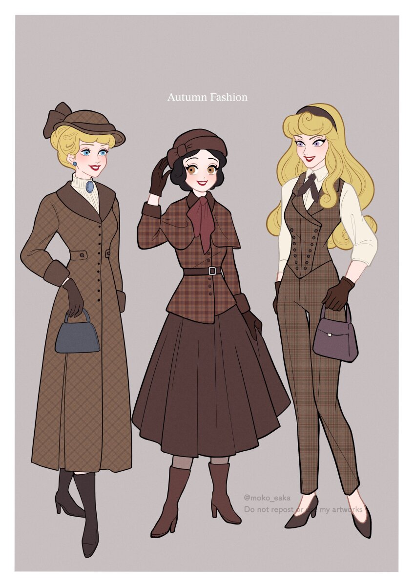 3girls absurdres bag belle_(disney) belt black_hair blonde_hair blue_eyes boots brown_coat brown_eyes brown_gloves brown_hat brown_pants brown_skirt brown_vest capelet cendrillon cinderella coat commentary_request full_body gloves hair_bun hat headband high_heel_boots high_heels highres holding holding_bag long_hair moko_eaka multiple_girls pants purple_eyes red_lips short_hair skirt sleeping_beauty smile snow_white snow_white_(disney) vest