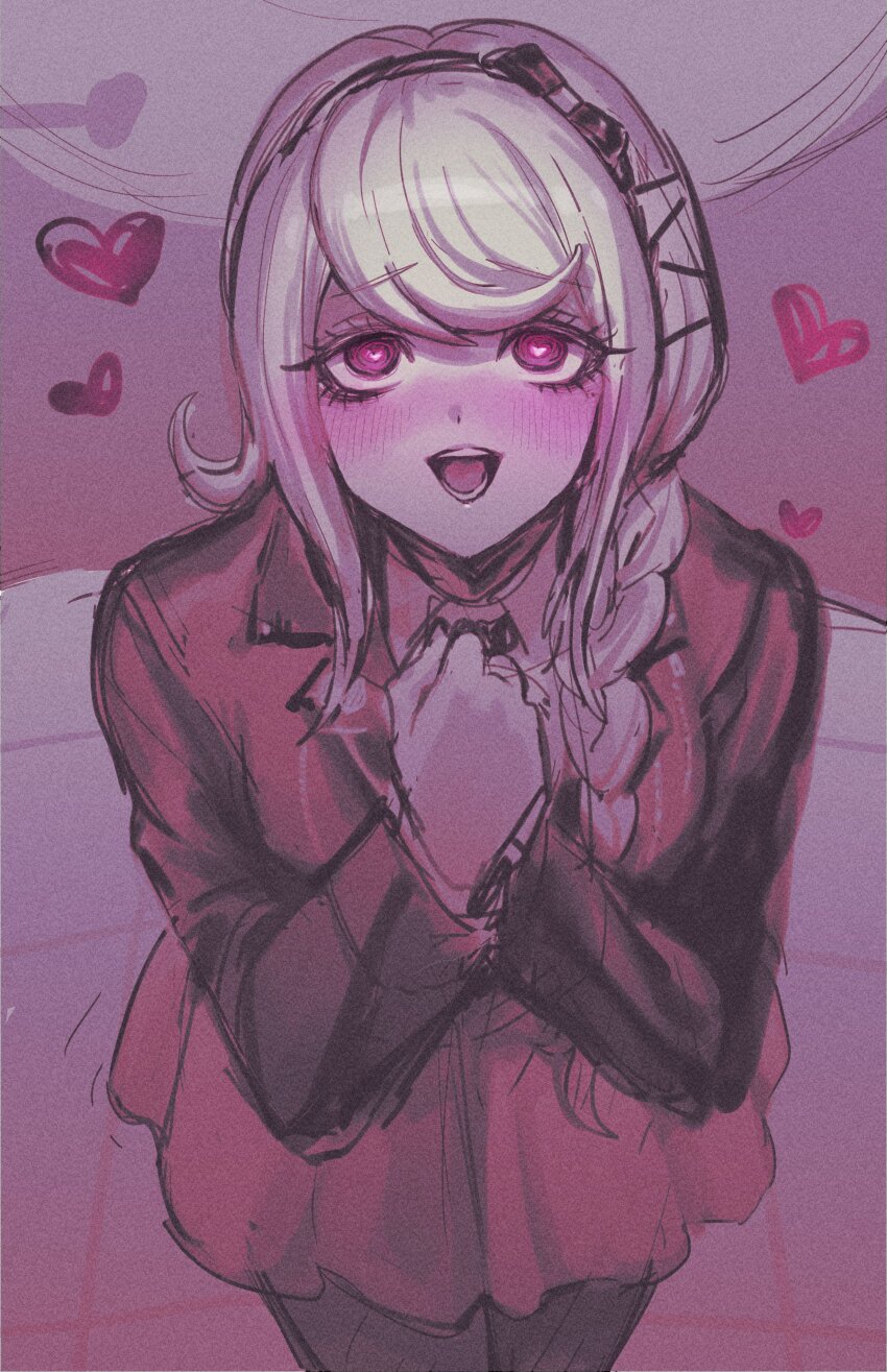 1girl absurdres black_bow black_hairband black_headband blush bow braid braided_ponytail eyebrows eyelashes female_focus hair_bow hairband headband heart heart-shaped_pupils highres kirifuji_nozomi long_hair open_mouth own_hands_clasped pleated_skirt simple_background skirt solo solo_focus symbol-shaped_pupils teeth the_hundred_line_-last_defense_academy- tongue white_hair