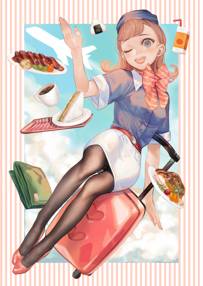 1girl absurdres aircraft airplane belt blue_eyes blue_hat blue_shirt blush bow bowtie breasts coffee cup food hat highres juice_box light_brown_hair long_hair luggage medium_breasts mizutame_tori one_eye_closed onigiri open_mouth original pantyhose plate red_bow red_bowtie red_footwear rolling_suitcase sandwich shirt short_sleeves skirt solo striped_bow striped_bowtie striped_clothes striped_neckwear suitcase tights_day tray uniform white_skirt