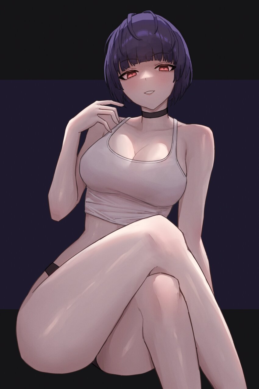 1girl absurdres bare_shoulders black_hair blue_hair blush breasts brown_eyes choker cleavage collar collarbone highres legs looking_at_viewer medium_breasts midriff persona persona_5 red_eyes short_hair sitting smile solo takemi_tae tank_top thighs turnipdish white_tank_top
