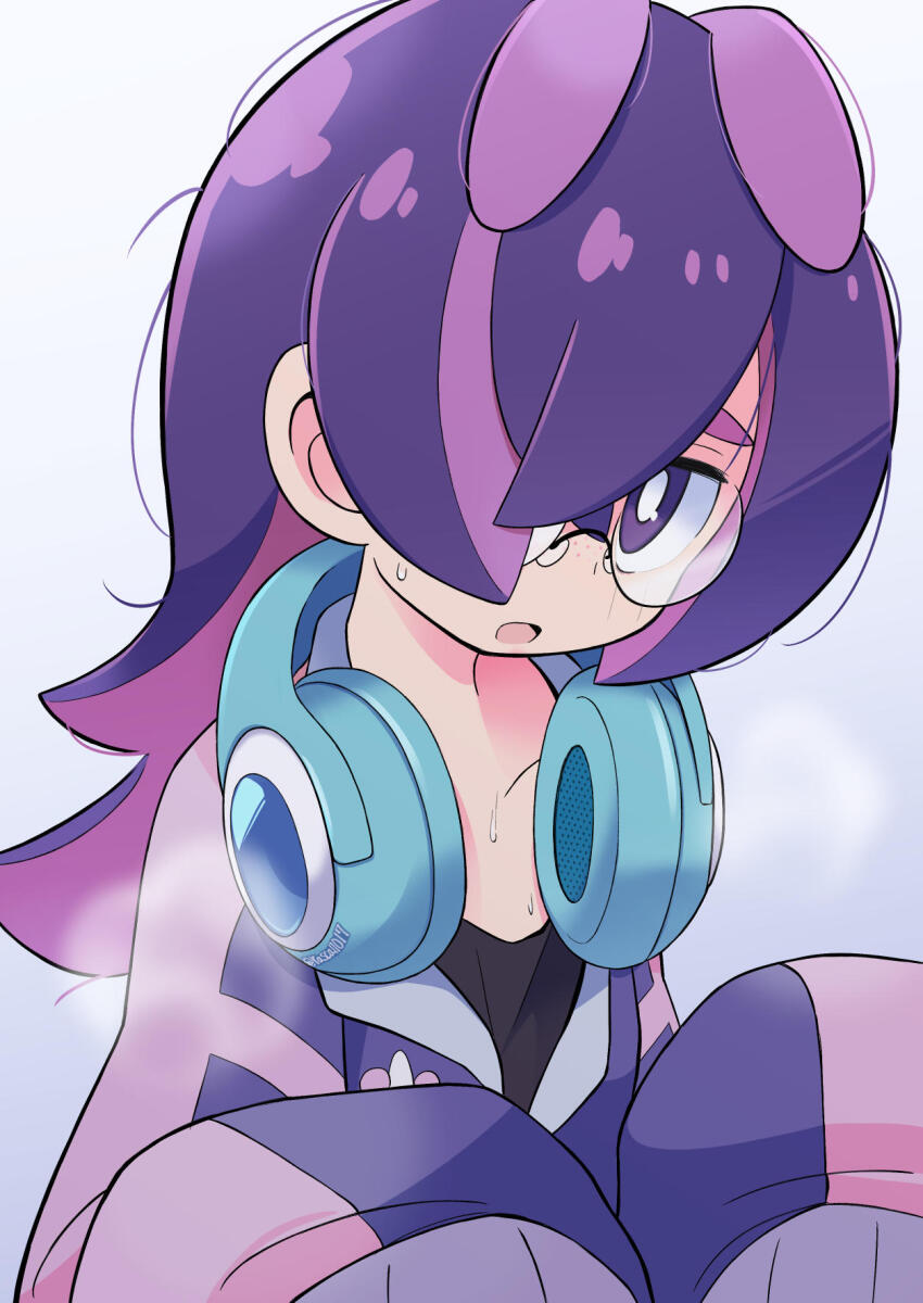 1girl black_shirt collarbone dot_(pokemon) flat_chest freckles glasses hair_over_one_eye headphones highres jacket long_hair long_sleeves looking_at_viewer loose_clothes loose_hair_strand messy_hair multicolored_hair nintendo pokemon pokemon_(anime) pokemon_horizons purple_hair purple_jacket rascal_(feuille) shirt solo steaming_body sweat two-tone_hair