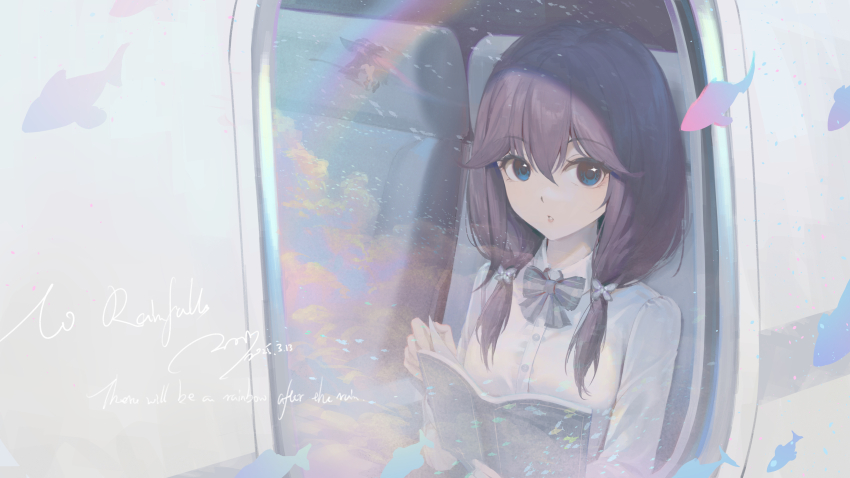1girl absurdres aircraft airplane animal blue_eyes book bow brown_hair collared_shirt commentary dress_shirt english_commentary english_text fish from_outside hair_between_eyes hair_over_shoulder highres holding holding_book long_hair looking_at_viewer low_twintails open_book original parted_lips pekakiu shirt signature solo striped_bow twintails white_shirt