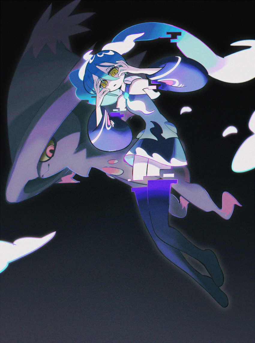 1girl bare_shoulders black_skirt black_sleeves black_thighhighs blue_hair detached_arm detached_legs film_grain full_body gen_4_pokemon ghost_miku_(project_voltage) glitch glowing_neckwear grey_shirt hands_up hatsune_miku highres long_hair looking_at_viewer mismagius moonagvaze nintendo open_mouth pokemon project_voltage shirt skirt sleeveless sleeveless_shirt thighhighs twintails vocaloid yellow_eyes