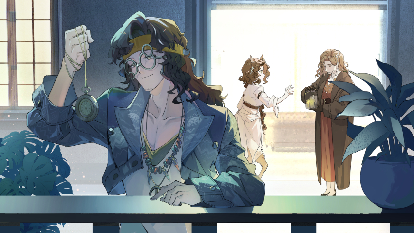 1boy 2girls absurdres animal_ears backlighting black_footwear black_gloves blue_jacket brown_eyes brown_hair brown_jacket centaur curly_hair deer_ears deer_girl diggers_(reverse:1999) dress flower glasses gloves green_eyes grey-framed_eyewear hair_flower hair_ornament hand_on_railing hand_up headband highres hippie holding holding_jar jacket jar jessica_(reverse:1999) jewelry long_hair looking_at_object monstera_deliciosa multiple_girls necklace novelty_glasses plant pocket_watch potted_plant red_dress reverse:1999 round_eyewear shirt smile standing taur tooth_fairy_(reverse:1999) upper_body watch white_flower white_shirt window yellow_headband zhishi_juanmaoyang
