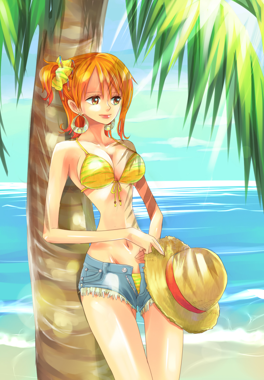 1girl bikini bikini_top_only breasts cleavage cutoffs earrings female_focus front-tie_top hat highres himerinco jewelry large_breasts lips midriff nami_(one_piece) narrow_waist navel one_piece open_fly orange_hair palm_tree short_hair short_shorts shorts skinny solo straw_hat swimsuit tree unworn_hat unworn_headwear unzipped yellow_bikini