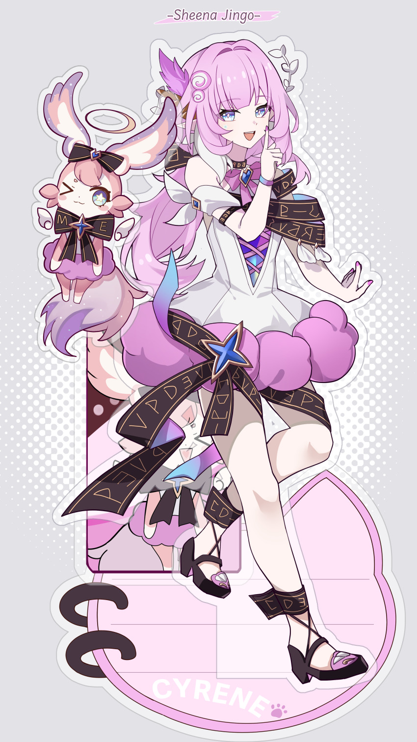 &gt;_o 1girl absurdres alternate_costume black_bow black_bowtie blue_eyes bow bowtie chinese_commentary commentary_request cyrene_(aedes_elysiae)_(honkai:_star_rail) cyrene_(honkai:_star_rail) dress high_heels highres honkai:_star_rail honkai_(series) long_hair mem_(honkai:_star_rail) one_eye_closed open_mouth pantyhose pink_hair smile solo star-shaped_pupils star_(symbol) symbol-shaped_pupils white_dress white_pantyhose zhui_ming_jin_ge