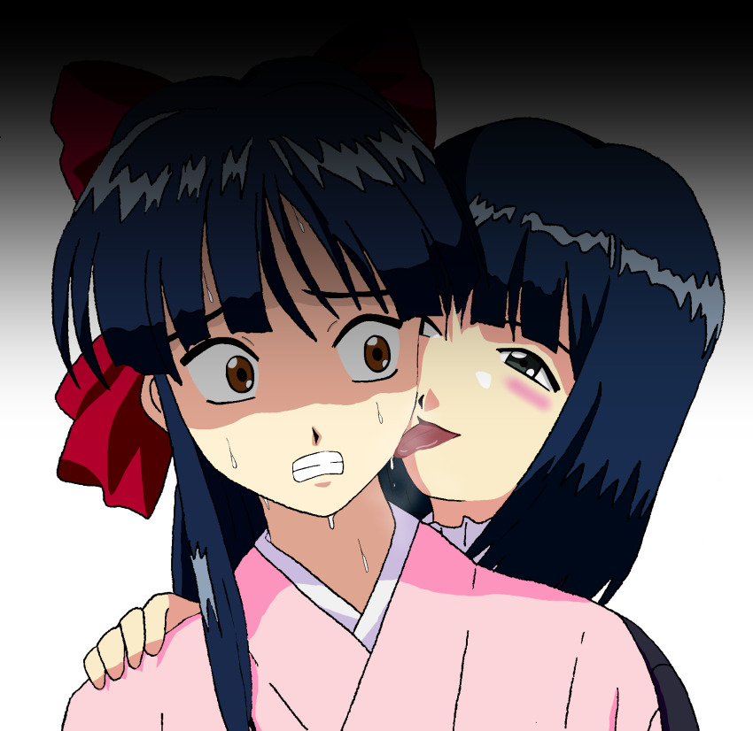 2girls blue_hair blush bow brown_eyes clenched_teeth green_eyes hair_ribbon half-closed_eyes hand_on_another&#039;s_shoulder highres japanese_clothes kitaooji_hanabi licking long_hair looking_to_the_side multiple_girls naughty_face open_mouth ponytail red_bow ribbon sakura_taisen scared sega shaded_face shinguuji_sakura short_hair smile sweat teeth tongue tongue_out yuri