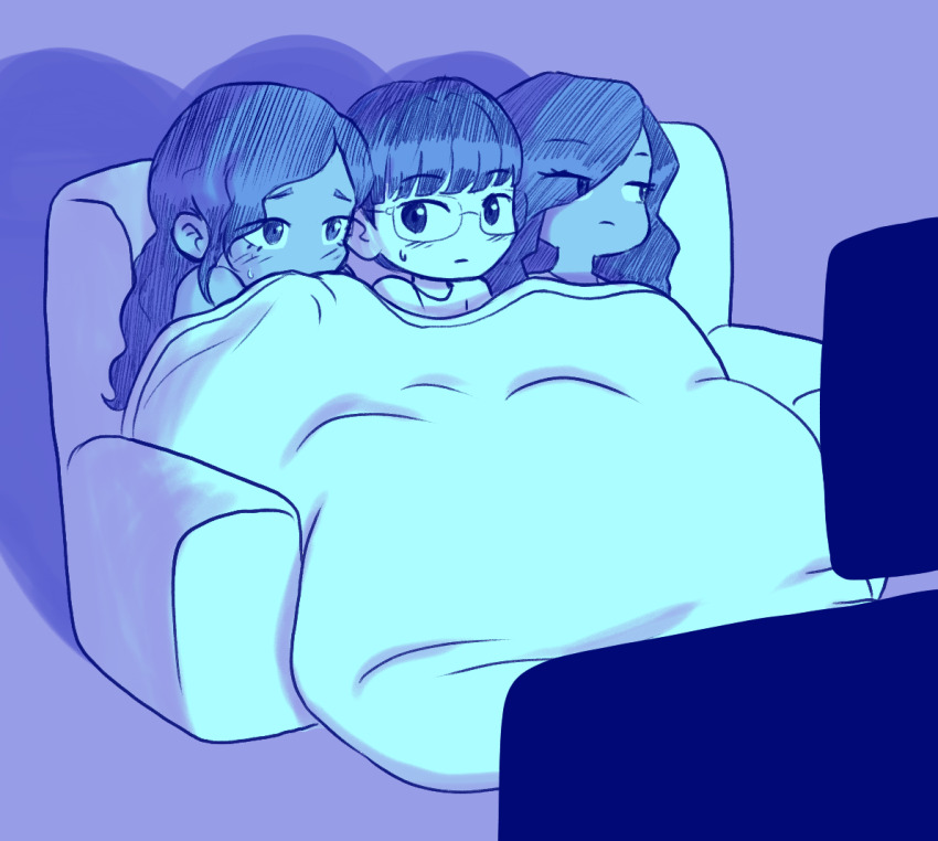 1boy 2girls blanket blush bruno_(seventh_grade_chronicles) chibi child dark-skinned_female dark_skin glasses larissa_(seventh_grade_chronicles) monochrome multiple_girls samara_(seventh_grade_chronicles) seventh_grade_chronicles shota