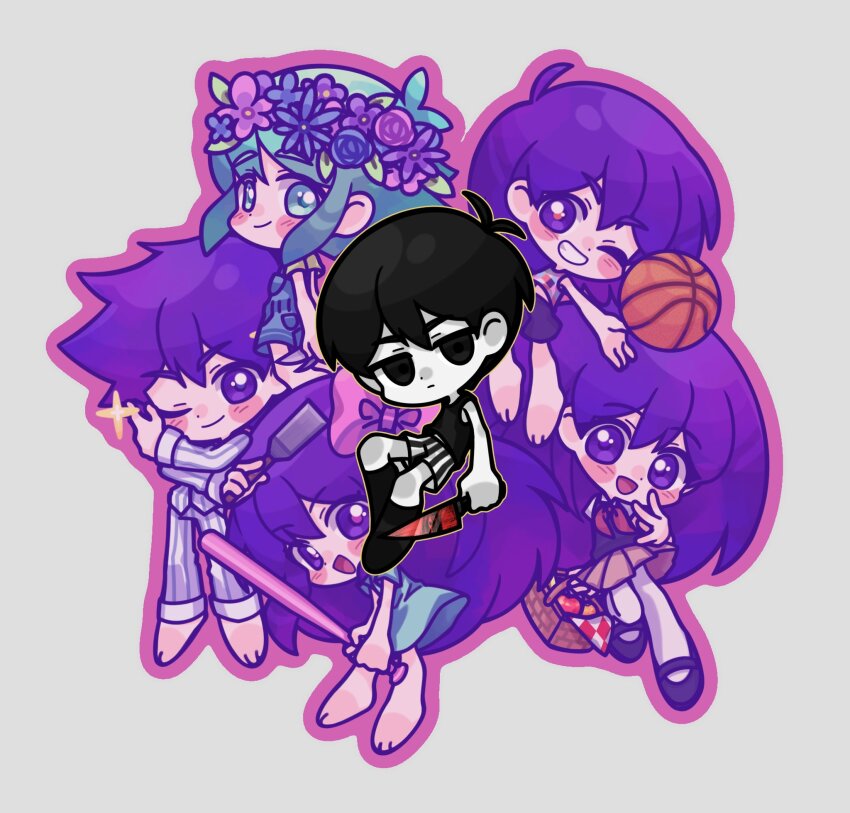 2girls 4boys :d ;) ahoge antenna_hair apple aqua_dress aqua_eyes aqua_hair arms_behind_back aubrey_(headspace)_(omori) aubrey_(omori) ball bare_arms bare_shoulders barefoot baseball_bat basil_(headspace)_(omori) basil_(omori) basket basketball_(object) black_eyes black_footwear black_hair black_shorts black_socks black_sweater_vest black_tank_top blue_flower blue_rose bow bright_pupils brother_and_sister brothers brown_skirt checkered_clothes chibi chibi_only closed_mouth colored_skin dot_nose double-parted_bangs dress empty_eyes flower flower_wreath food fruit full_body grey_background grin hair_behind_ear hair_between_eyes hair_bow hashtag-only_commentary head_wreath hero_(headspace)_(omori) hero_(omori) highres holding holding_baseball_bat holding_basket holding_knife kel_(headspace)_(omori) kel_(omori) kneehighs knife leaf linglanjunying long_hair long_sleeves looking_at_viewer mari_(headspace)_(omori) mari_(omori) mary_janes multiple_boys multiple_girls neckerchief no_pupils no_shoes omori omori_(omori) one_eye_closed open_mouth orange_pupils outline pants pantyhose picnic_basket pink_bow pink_flower pink_outline pink_pupils pink_rose pleated_skirt purple_eyes purple_flower purple_hair red_neckerchief reflection rose shirt shoes short_hair short_sleeves shorts siblings sidelocks simple_background skirt smile socks something_(omori) sparkle standing striped_clothes striped_pants striped_shirt striped_shorts sweater_vest tank_top tongue vertical-striped_clothes vertical-striped_pants vertical-striped_shirt vertical-striped_shorts white_pants white_pantyhose white_shirt white_shorts white_skin
