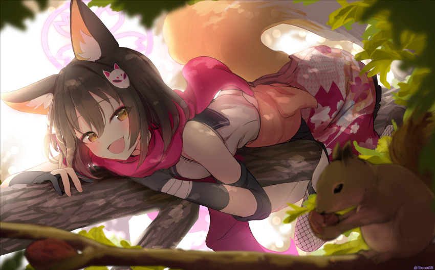 1girl :d animal_ears blue_archive blush brown_hair clothes_around_waist commentary commentary_request fang fishnet_thighhighs fishnets fox_ears fox_girl fox_hair_ornament fox_tail gloves hair_between_eyes hair_ornament halo highres in_tree izuna_(blue_archive) japanese_clothes leaf looking_at_viewer lying open_mouth outdoors pink_halo sakurano_rocco scarf skirt smile solo squirrel tail thighhighs tree yellow_eyes