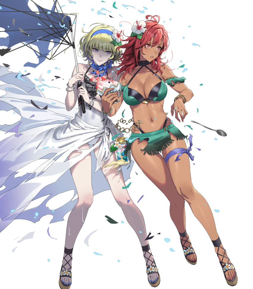 2girls bikini blonde_hair blue_nails bracelet breasts broken_umbrella cleavage colored_inner_hair constance_von_nuvelle constance_von_nuvelle_(summer) damaged dark-skinned_female dark_skin drill_hair drill_sidelocks female_focus fire_emblem fire_emblem:_three_houses fire_emblem_heroes flower food green_bikini hair_flower hair_ornament hairband hapi_(fire_emblem) hapi_(summer)_(fire_emblem) highres holding holding_umbrella ice_cream jewelry matching_hair/eyes medium_breasts medium_hair multicolored_hair multiple_girls nail_polish navel nintendo non-web_source official_alternate_costume official_art one-piece_swimsuit parasol purple_eyes purple_hair red_eyes red_hair sandals sarong shaded_face shaved_ice short_hair sidelocks spoon swimsuit toenail_polish toenails toes torn_clothes umbrella white_sarong