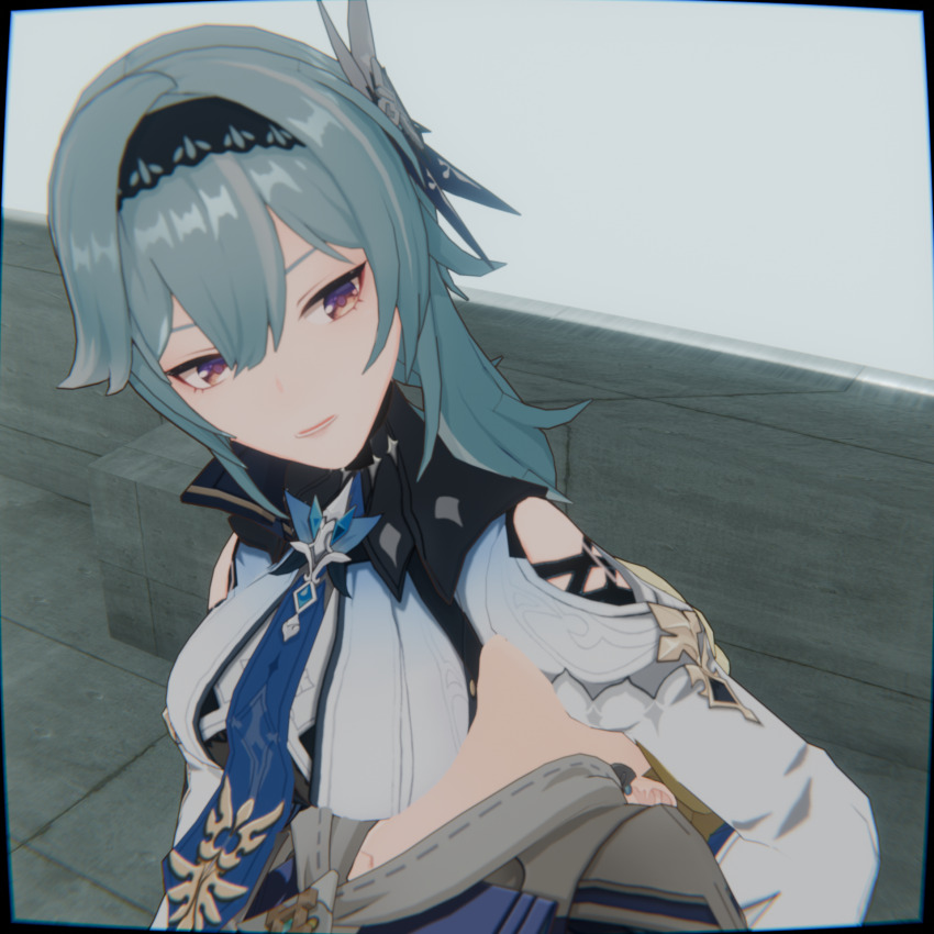 1boy 1boy1girls 1girl armpit_sniffing armpits assertive_female b-banto blonde_hair blue_background blue_hair blue_necktie clothing_cutout day eula_(genshin_impact) femdom genshin_impact hair_between_eyes hair_ornament hairband headlock long_sleeves mika_(genshin_impact) necktie orange_eyes reverse_ryona shoulder_cutout smother wide_sleeves