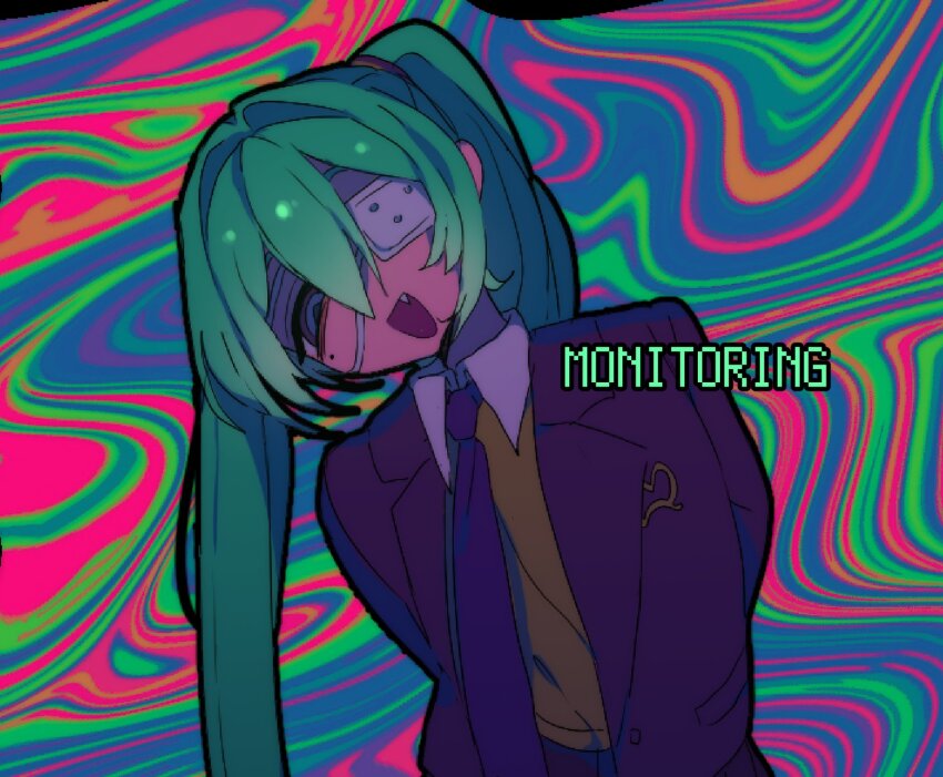 1girl aqua_hair arms_behind_back black_jacket black_necktie black_outline blue_eyes brown_sweater_vest collared_shirt deliriumcenter eyepatch fang hair_between_eyes hashtag-only_commentary hatsune_miku highres jacket long_hair medical_eyepatch mole mole_under_eye monitoring_(vocaloid) multicolored_background necktie open_clothes open_jacket open_mouth outline psychedelic ringed_eyes shaded_face shirt solo song_name sweater_vest thick_outlines twintails very_long_hair vocaloid white_shirt