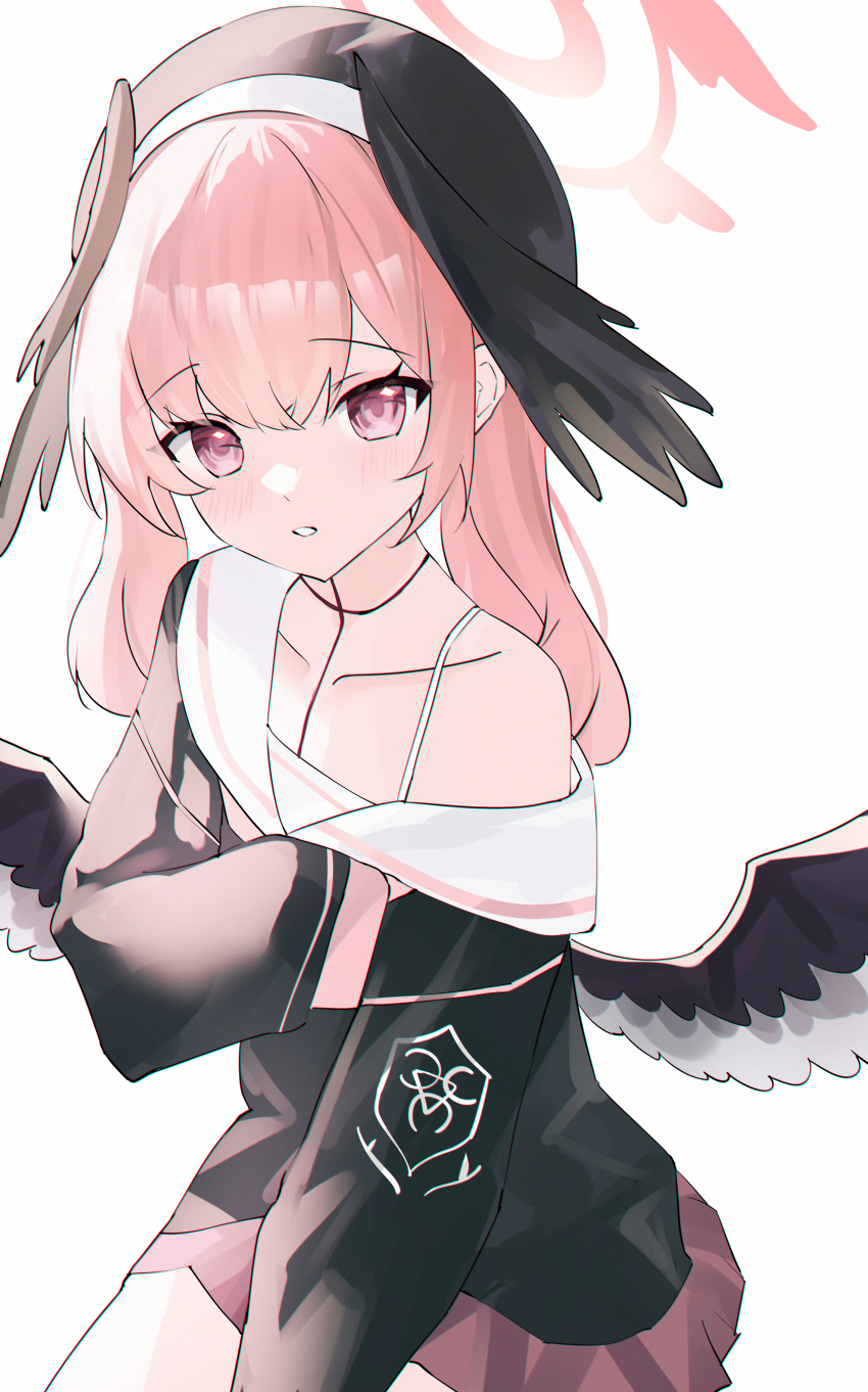 absurdres beret black_hat black_shirt black_wings blue_archive blush commentary halo hat head_wings highres koharu_(blue_archive) loli looking_at_viewer low_wings off_shoulder pink_eyes pink_hair pink_halo red_skirt sailor_collar school_uniform serafuku shirt simple_background single_bare_shoulder skirt sleeves_past_fingers sleeves_past_wrists usagi_(786113654) white_background white_sailor_collar wings