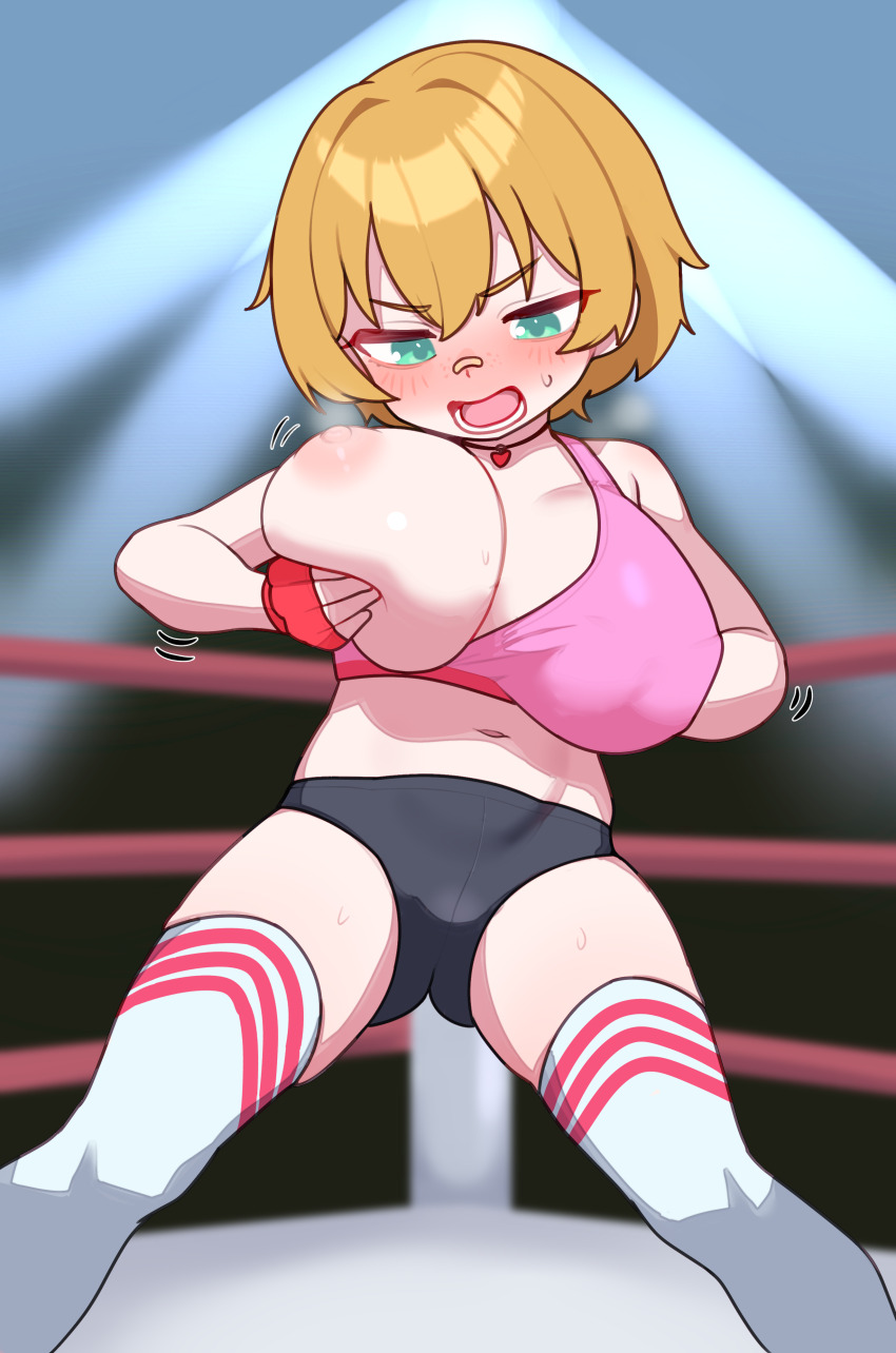 1girl absurdres aqua_eyes bandaid bandaid_on_face bandaid_on_nose black_buruma blonde_hair blush boxing_ring breasts buruma commentary_request commission cropped_shirt embarrassed fingerless_gloves gloves highres large_breasts lk149 lower_teeth_only navel nipples nose_blush one_breast_out open_mouth original pink_shirt pixiv_commission red_gloves shirt short_hair sleeveless sleeveless_shirt solo tank_top teeth thighhighs wardrobe_malfunction white_thighhighs