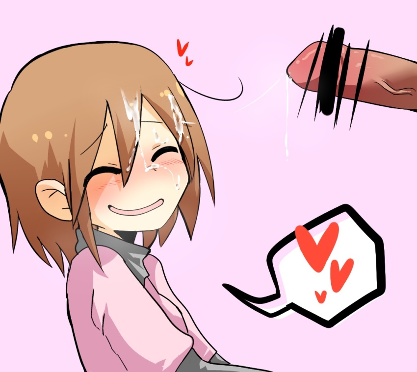 1boy 1girl bar_censor blush breasts brown_hair bukkake censored closed_eyes commentary cum cum_on_body cum_on_hair cum_string embarrassed facial grey_shirt hair_between_eyes hair_strand happy heart hetero jiima_tarou layered_clothes minna_no_rhythm_tengoku parted_lips penis pink_shirt pitcher-chan pitcher_(rhythm_tengoku) raised_eyebrows rhythm_tengoku shirt short_hair small_breasts smile solo_focus spoken_heart undershirt upper_body