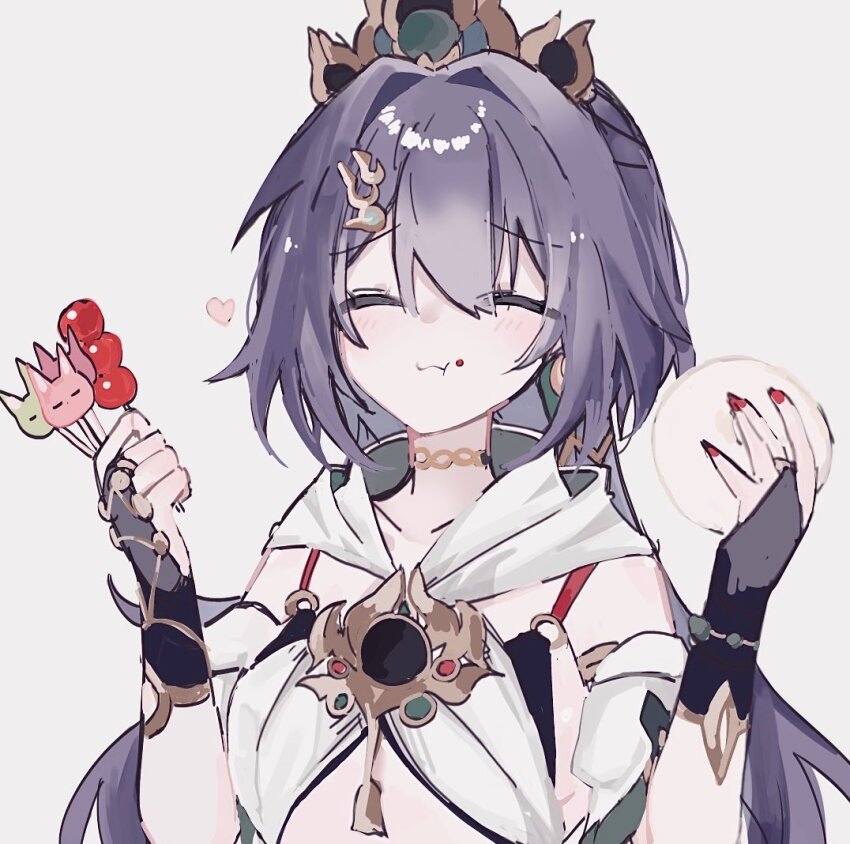 1girl :i bare_shoulders black_bra bra candy chinese_clothes choker closed_eyes commentary_request detached_sleeves earrings eating facing_viewer food food_on_face grey_background grey_hair hair_between_eyes hair_ornament hairclip hands_up headpiece holding holding_food holding_skewer honkai:_star_rail honkai_(series) hyb_muyuu jewelry lollipop long_hair low_twintails red_nails shaped_lollipop short_sleeves simple_background single_earring skewer solo steamed_bun tanghulu twintails underwear upper_body yunli_(honkai:_star_rail)